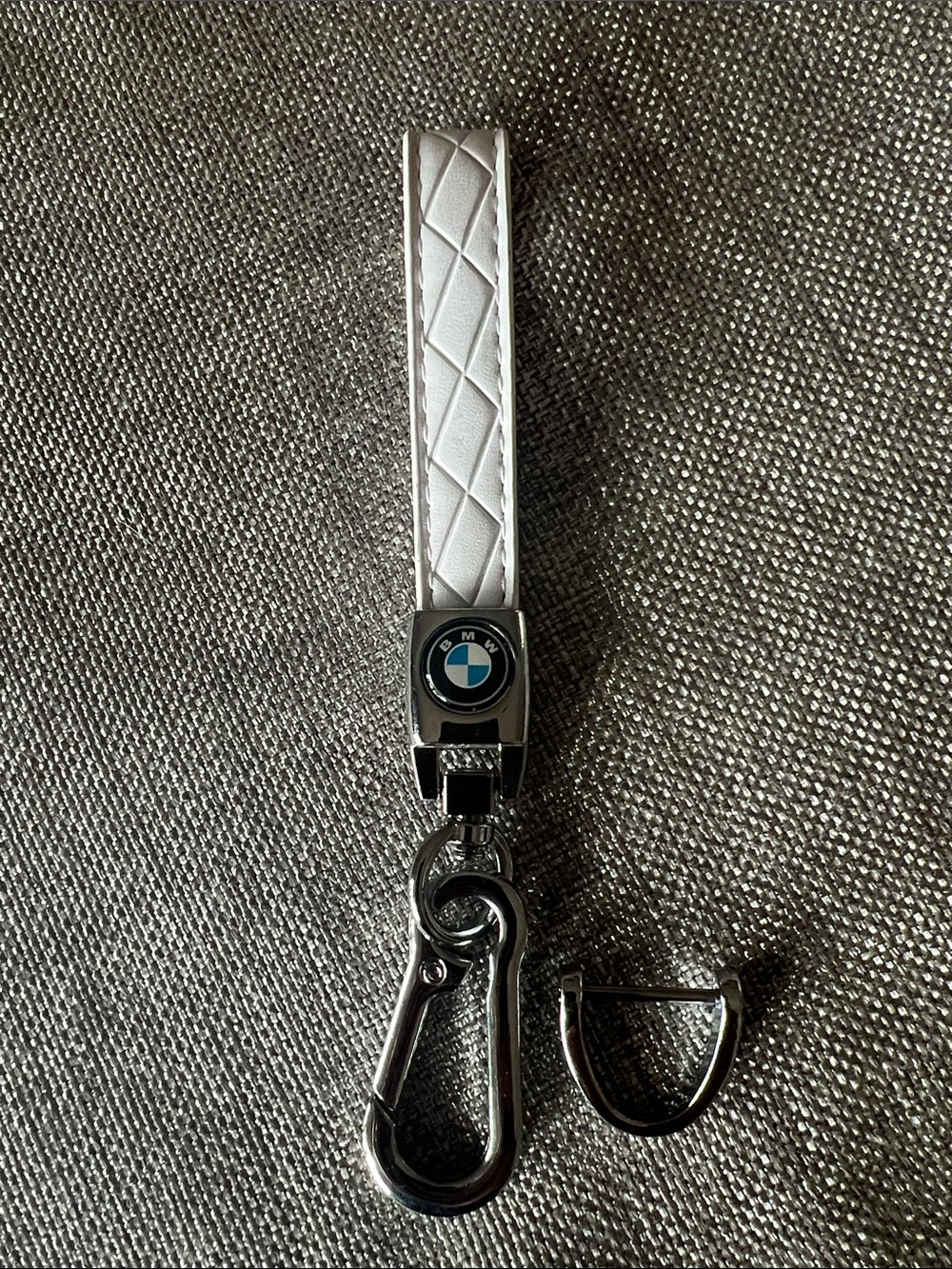 BMW White Quilted Leather Wrist Key Fob with Silver Hardware